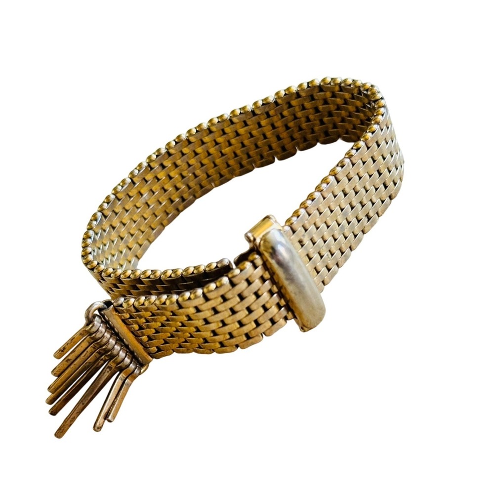 VTG Kreisler USA Mesh Tassel Slide Buckle Bracelet Art Deco Gold Filled Bar Link